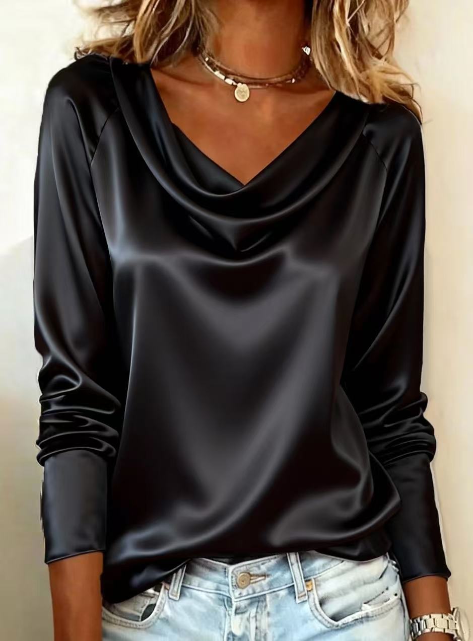 Luxury Satin Solid Color V-Nec - Shirt Camp Collar review and price