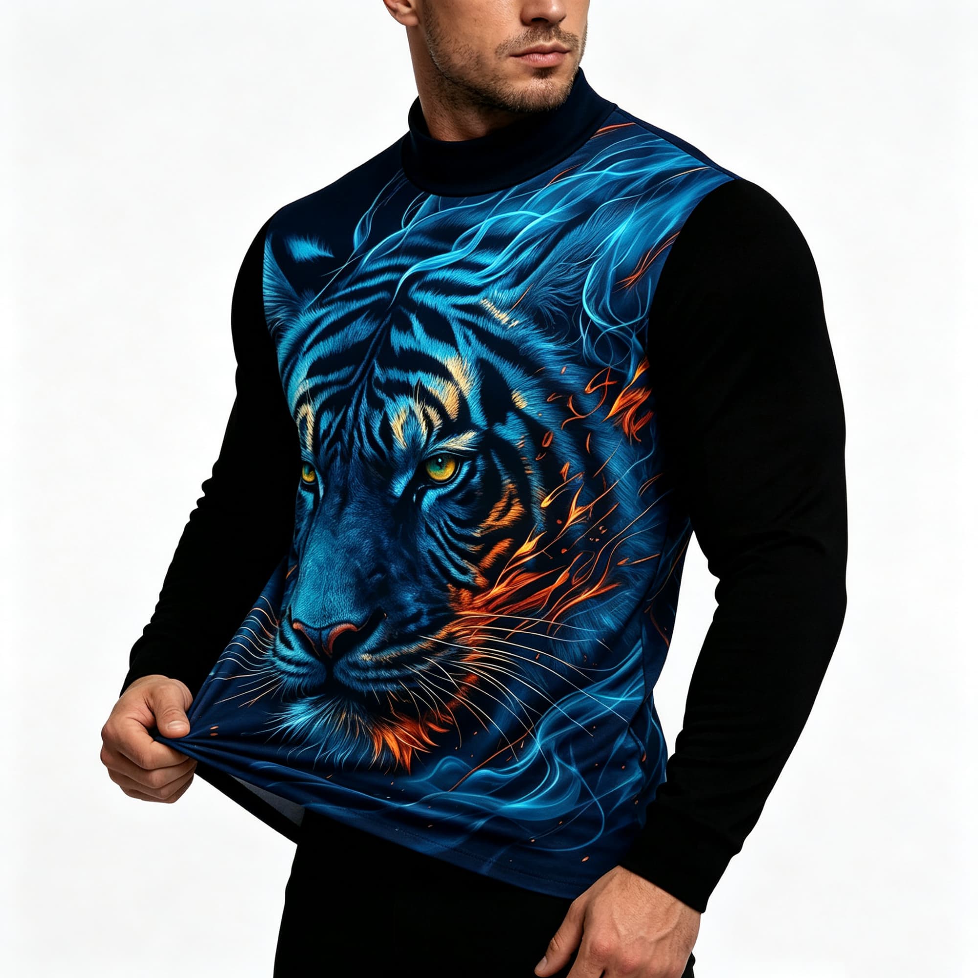 Neon Blue Flame Tiger Animal A - Tee Graphic Print review and price