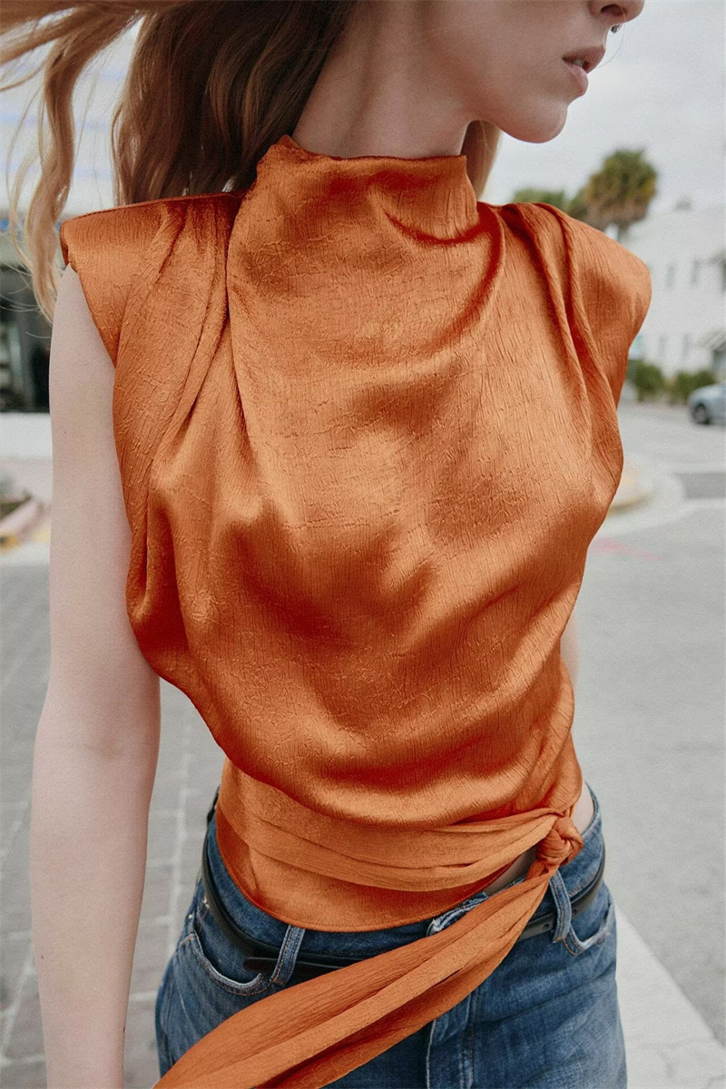 Satin Shawl Collar Sleeveless  - Shirt Camp Collar review and price