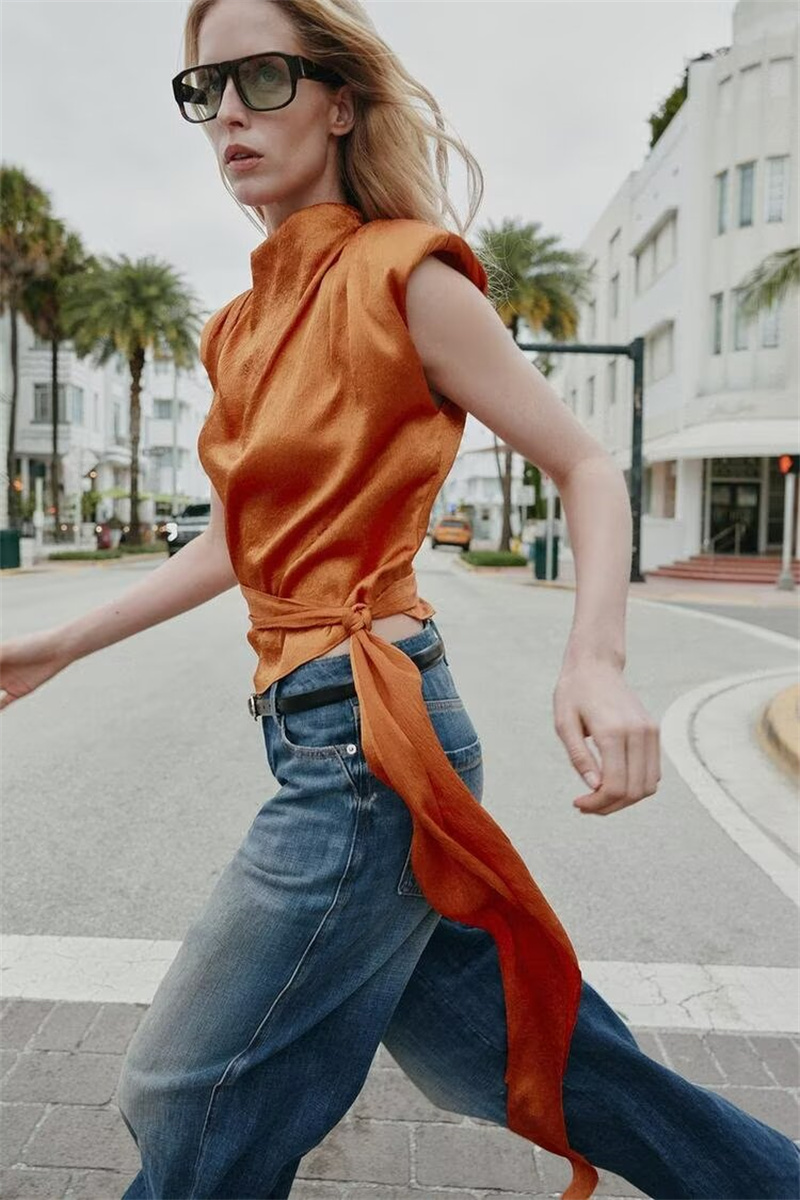 Satin Shawl Collar Sleeveless  - Shirt Camp Collar review and price