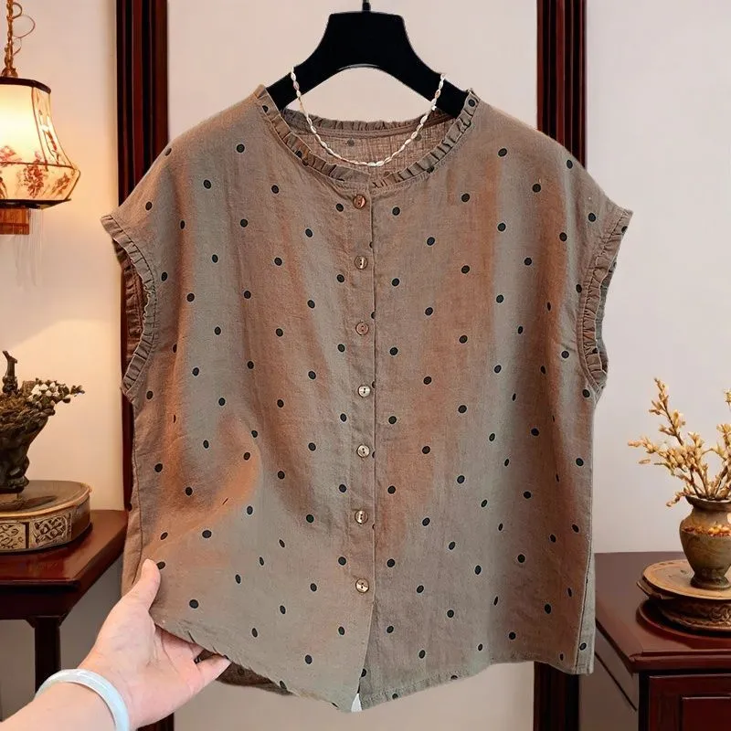 Women's Retro Polka Dot Linen  - Shirt Camp Collar review and price