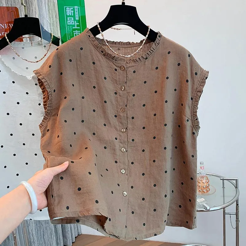 Women's Retro Polka Dot Linen  - Shirt Camp Collar review and price