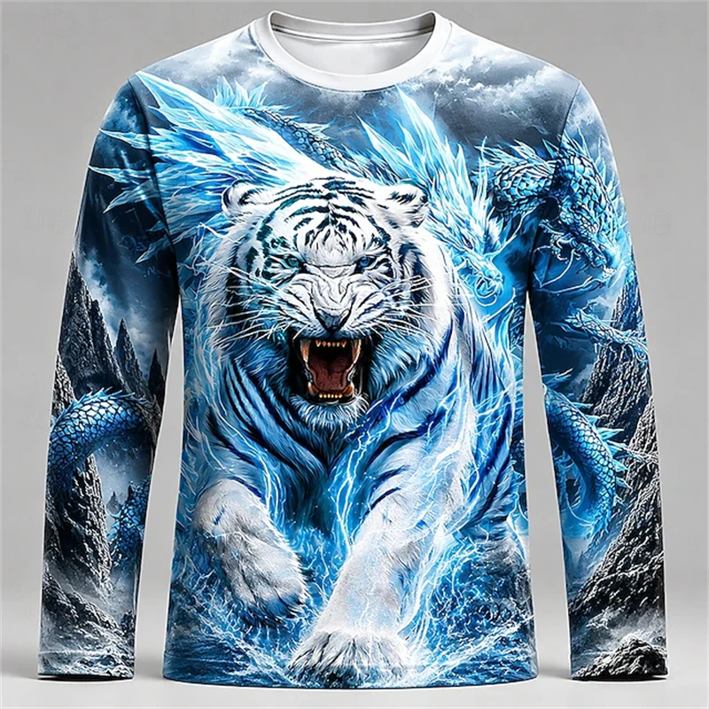 Men Blue White Tiger Dragon Pr - Tee Graphic Print review and price