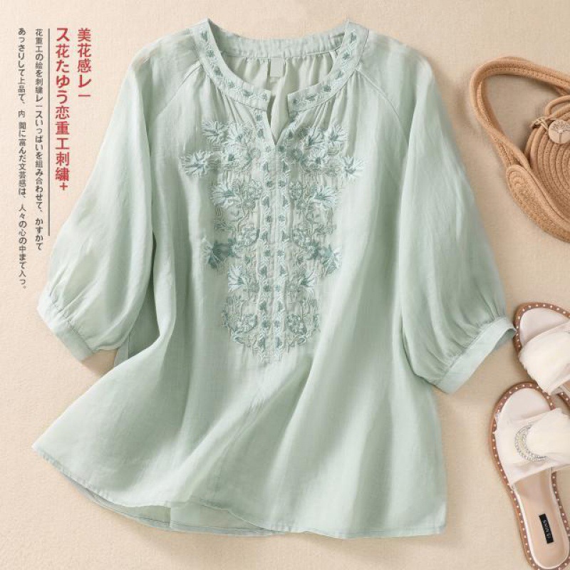 Vintage Linen Embroidered Blou - Linen Shirt Breathable review and price