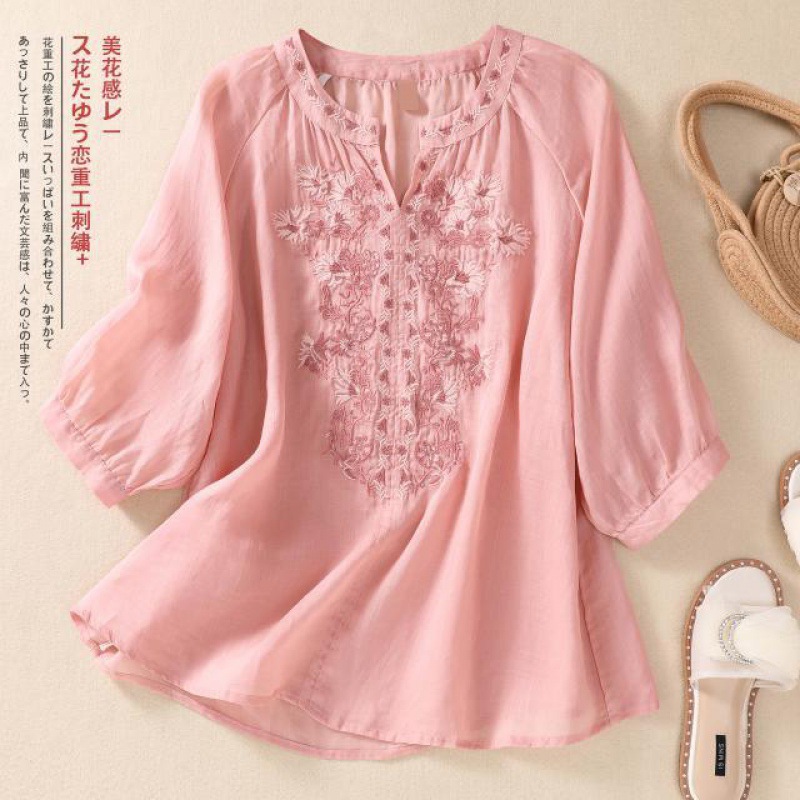 Vintage Linen Embroidered Blou - Linen Shirt Breathable review and price