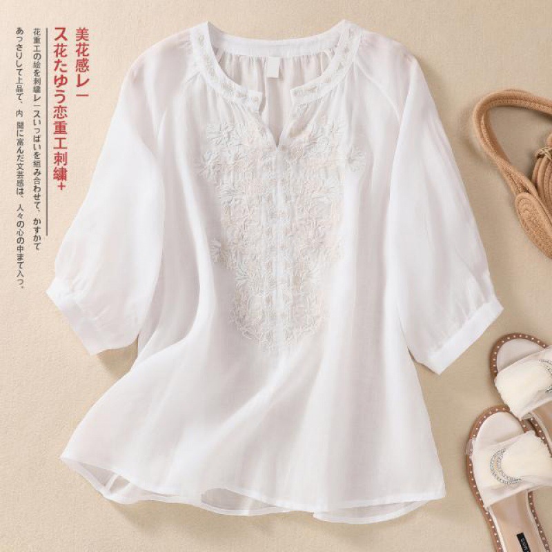 Vintage Linen Embroidered Blou - Linen Shirt Breathable review and price