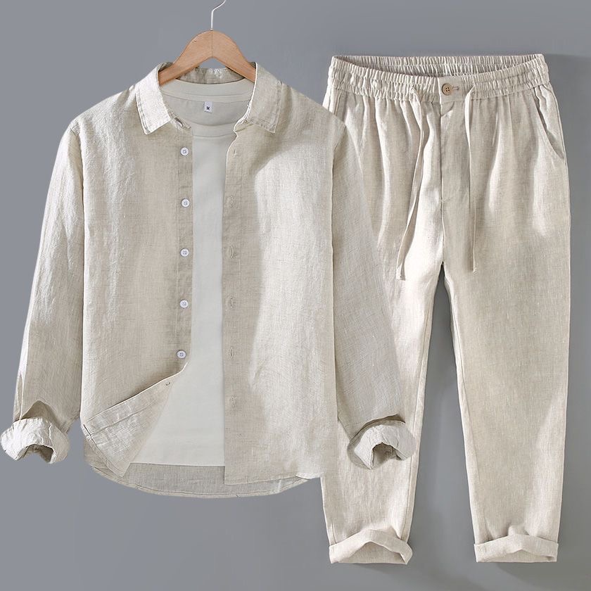 High-End Pure Linen Set Men's  - Linen Shirt Breathable review and price