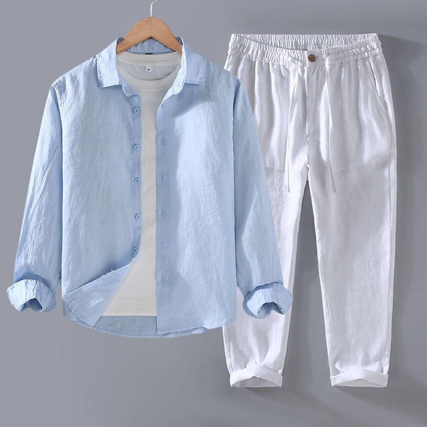 High-End Pure Linen Set Men's  - Linen Shirt Breathable review and price